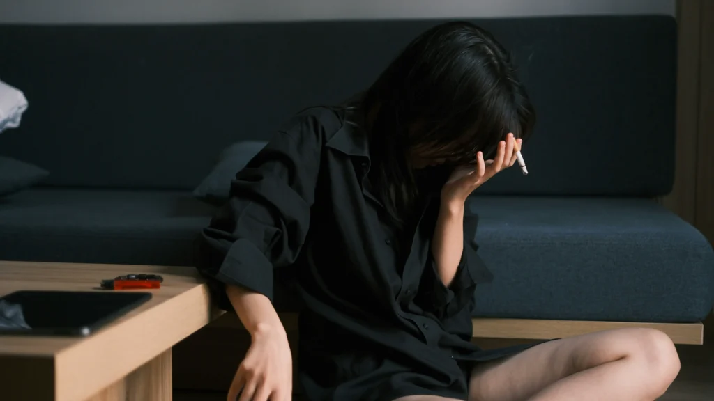 gestresste Frau raucht